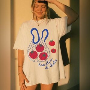 White Graphic Tee with Blue & Red Tomato Print